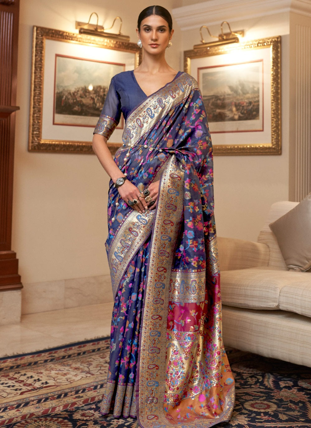 Exquisite Navy Blue Color Designer Contemporary KASHMIRI Saree