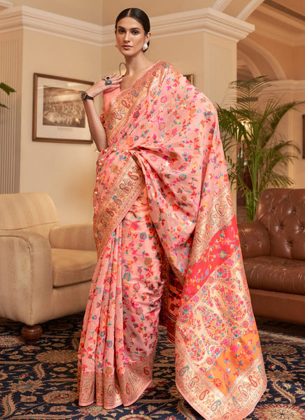 LIGHT PINK Color Handloom Silk KASHMIRI Saree For Wedding