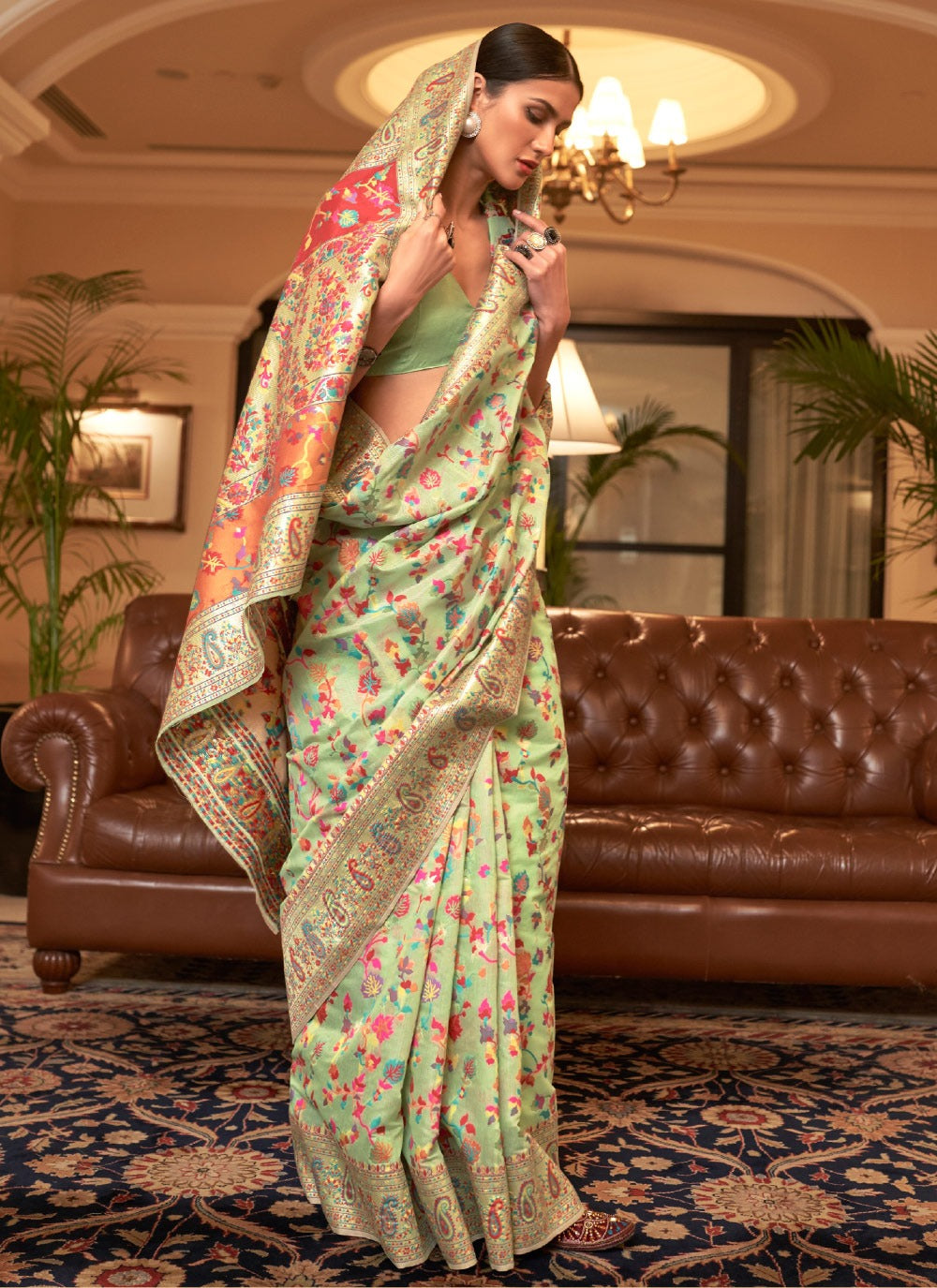 Pretty Mint Green Color Handloom Silk KASHMIRI Fancy Saree