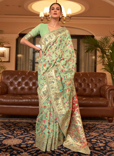 Pretty Mint Green Color Handloom Silk KASHMIRI Fancy Saree