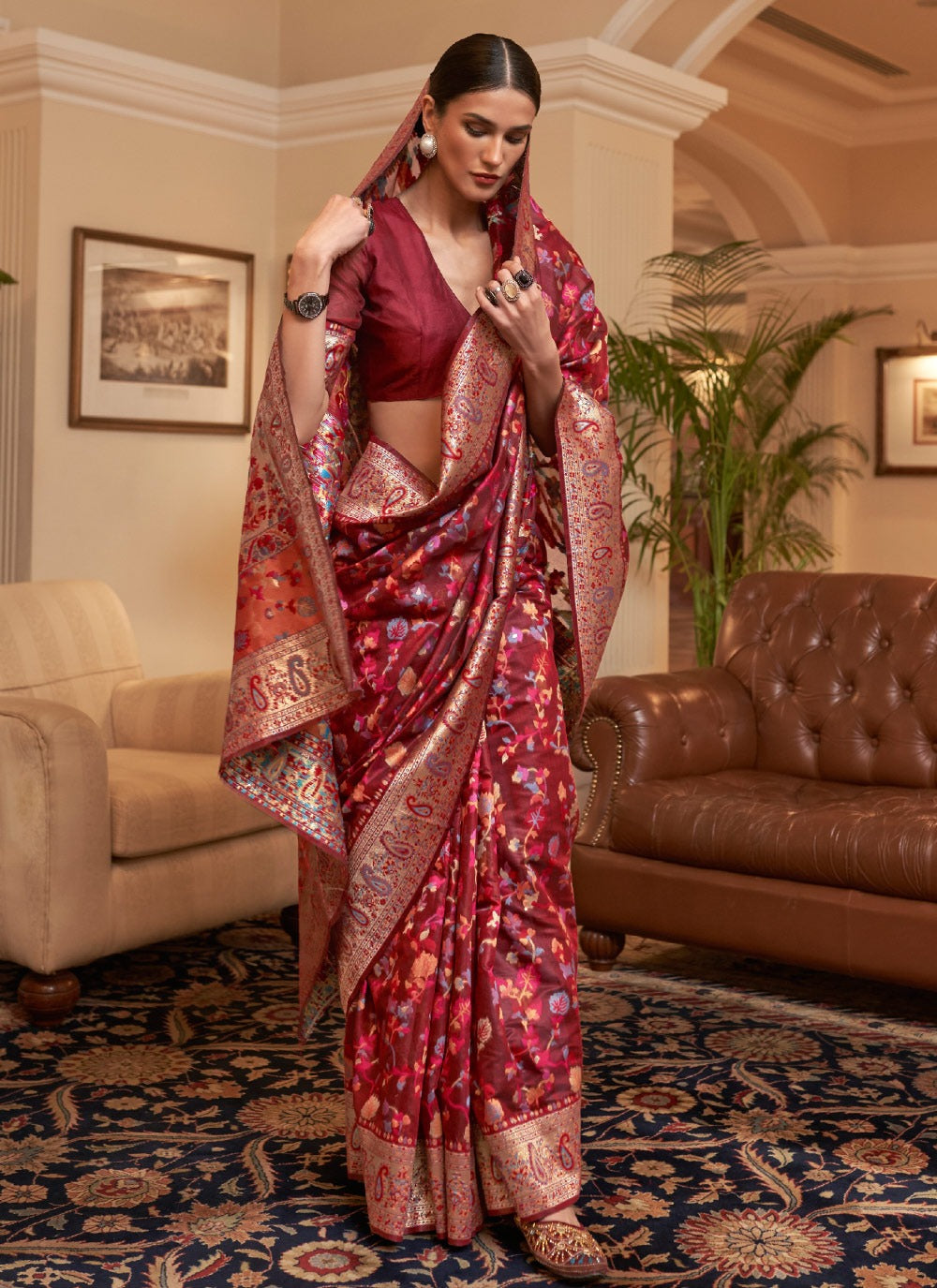 Elegant Maroon Color Woven Enhanced KASHMIRI Saree