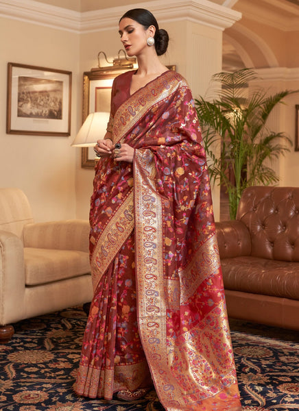 Elegant Maroon Color Woven Enhanced KASHMIRI Saree