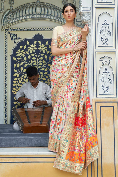 Cream Colour Kashmiri Handloom Weaving Saree