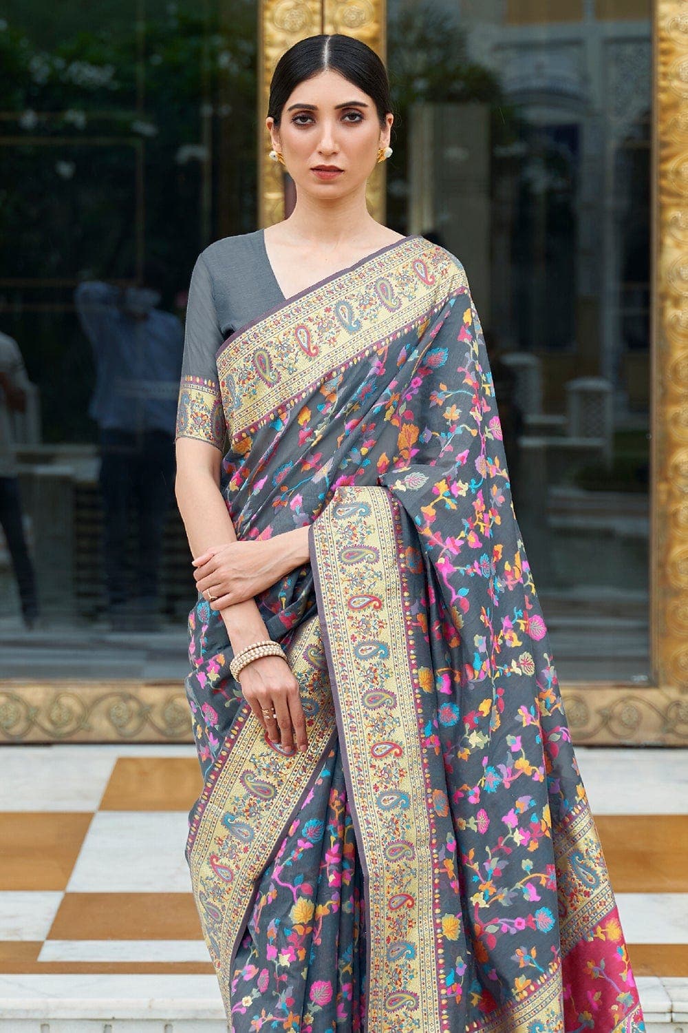 BLUE Colour Kashmiri Handloom Weaving Saree