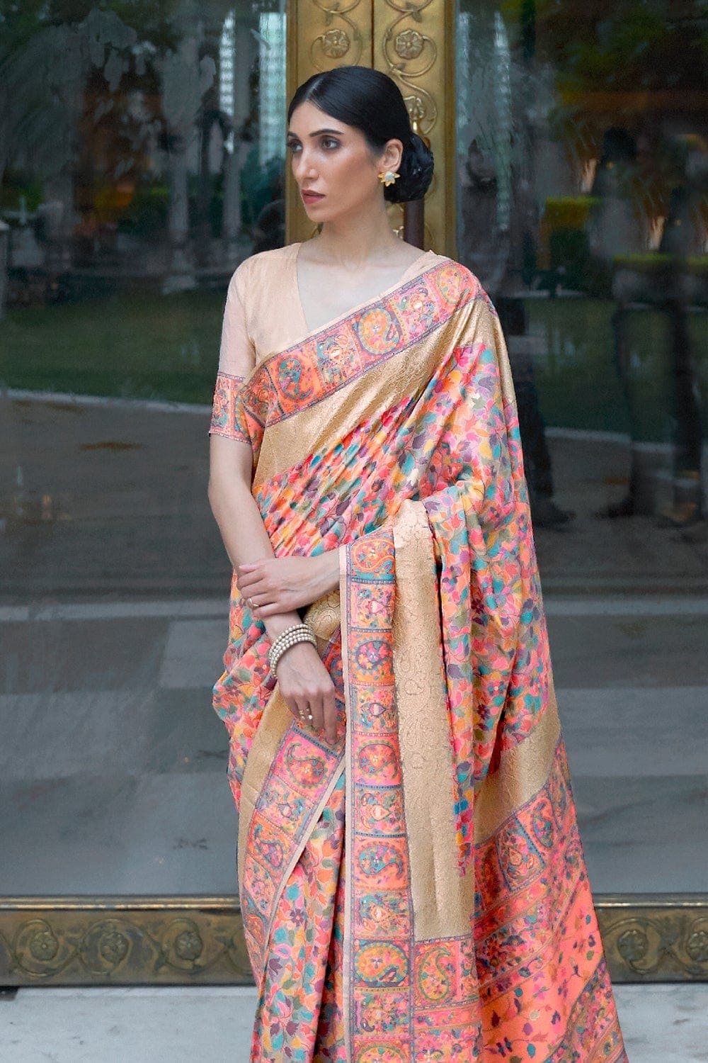 ROSE GOLD Colour Kashmiri Handloom Weaving Saree