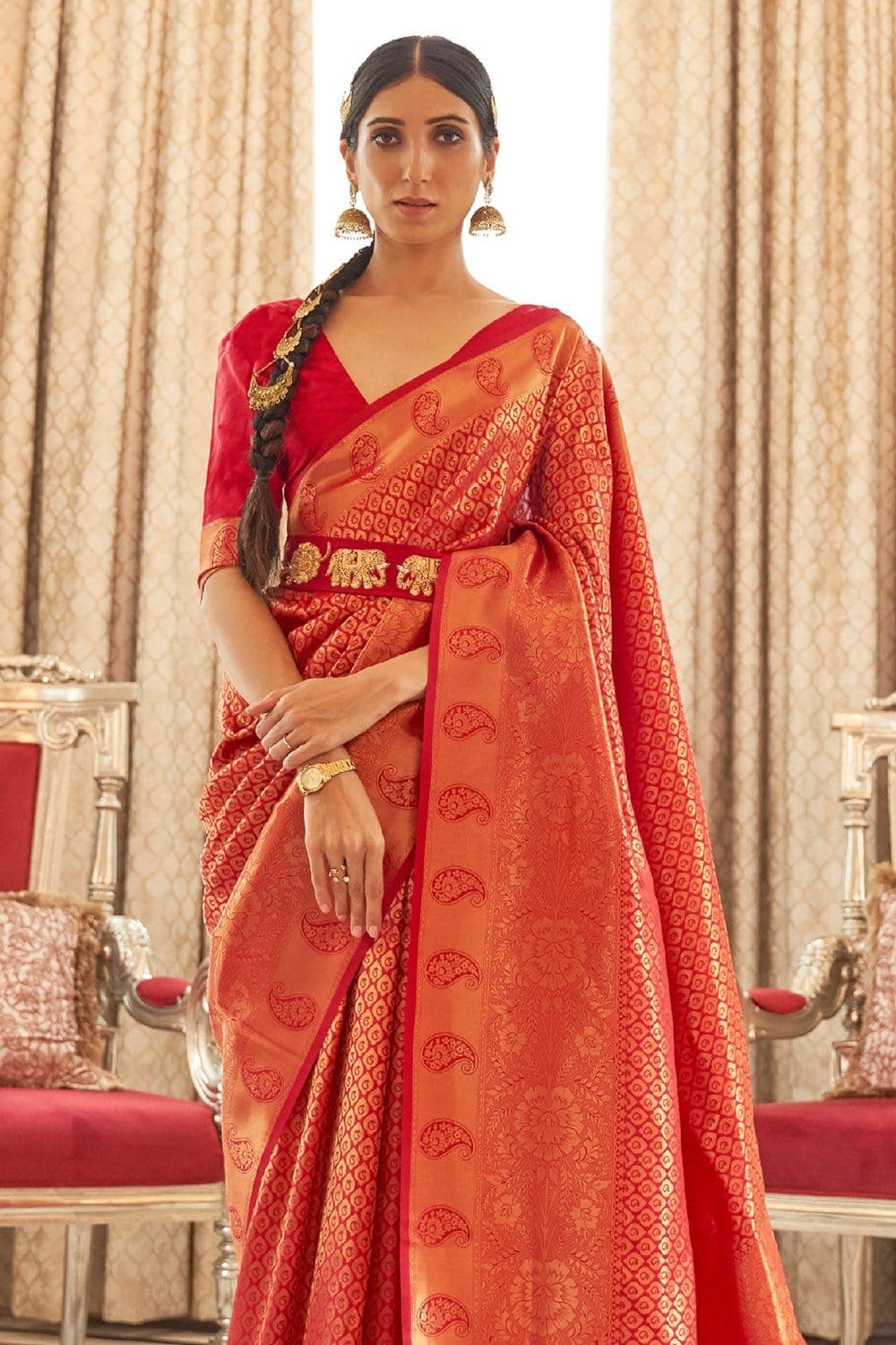 IMPERIAL RED ZARI WOVEN KANJIVARAM SILK SAREE