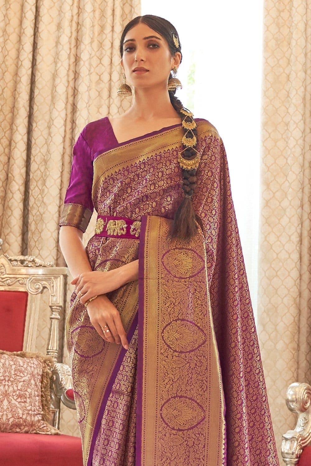 PLUM PURPLE ZARI WOVEN KANJIVARAM SILK SAREE