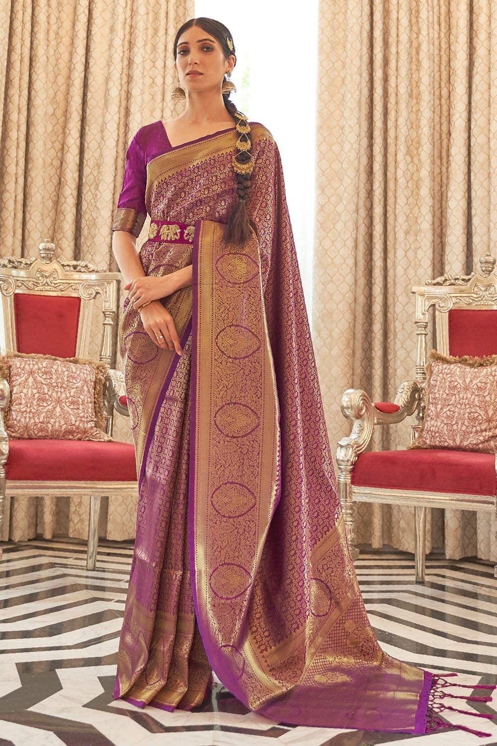 PLUM PURPLE ZARI WOVEN KANJIVARAM SILK SAREE