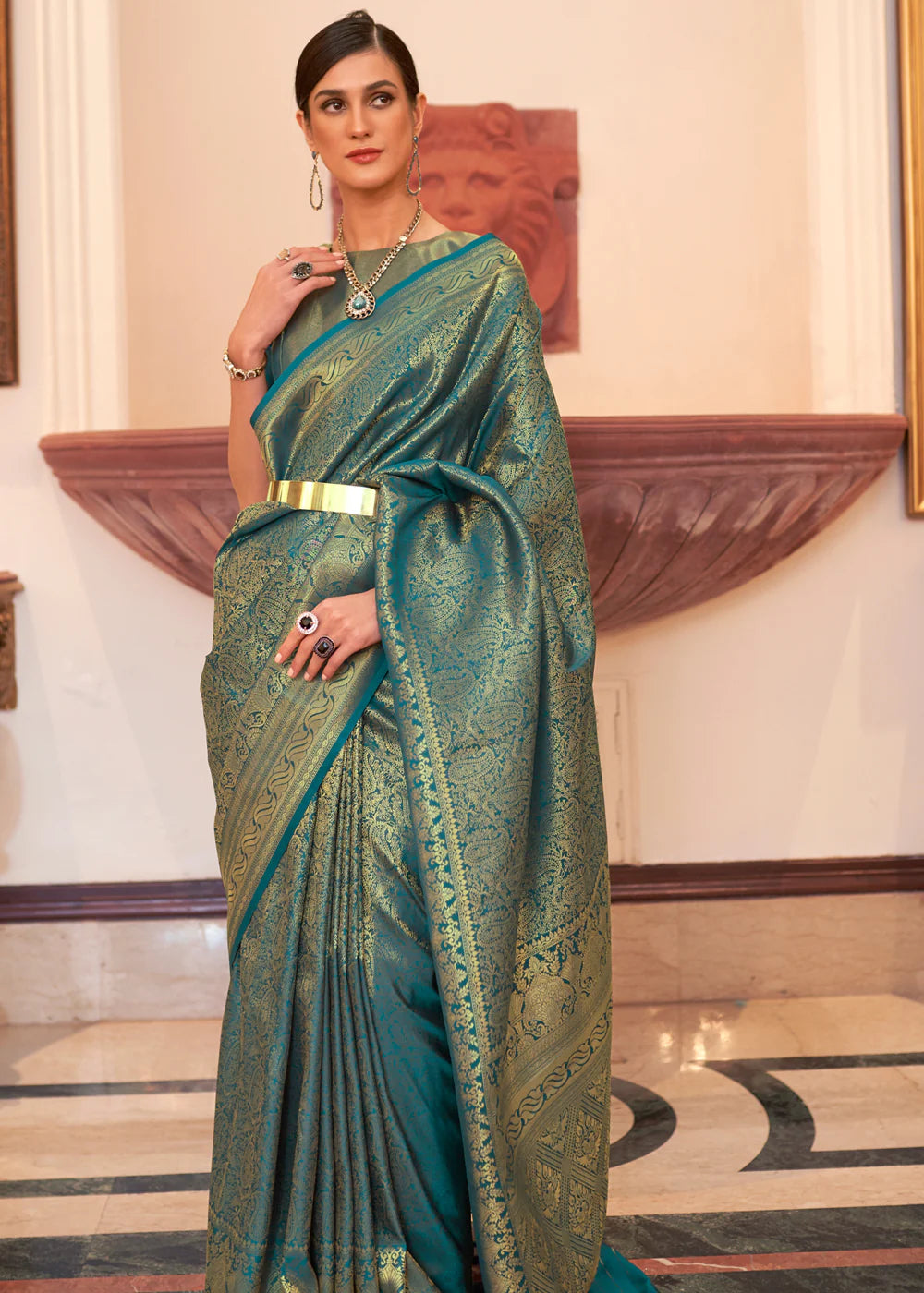 OCEAN GREEN HANDLOOM WOVEN KANJIVARAM SILK SAREE