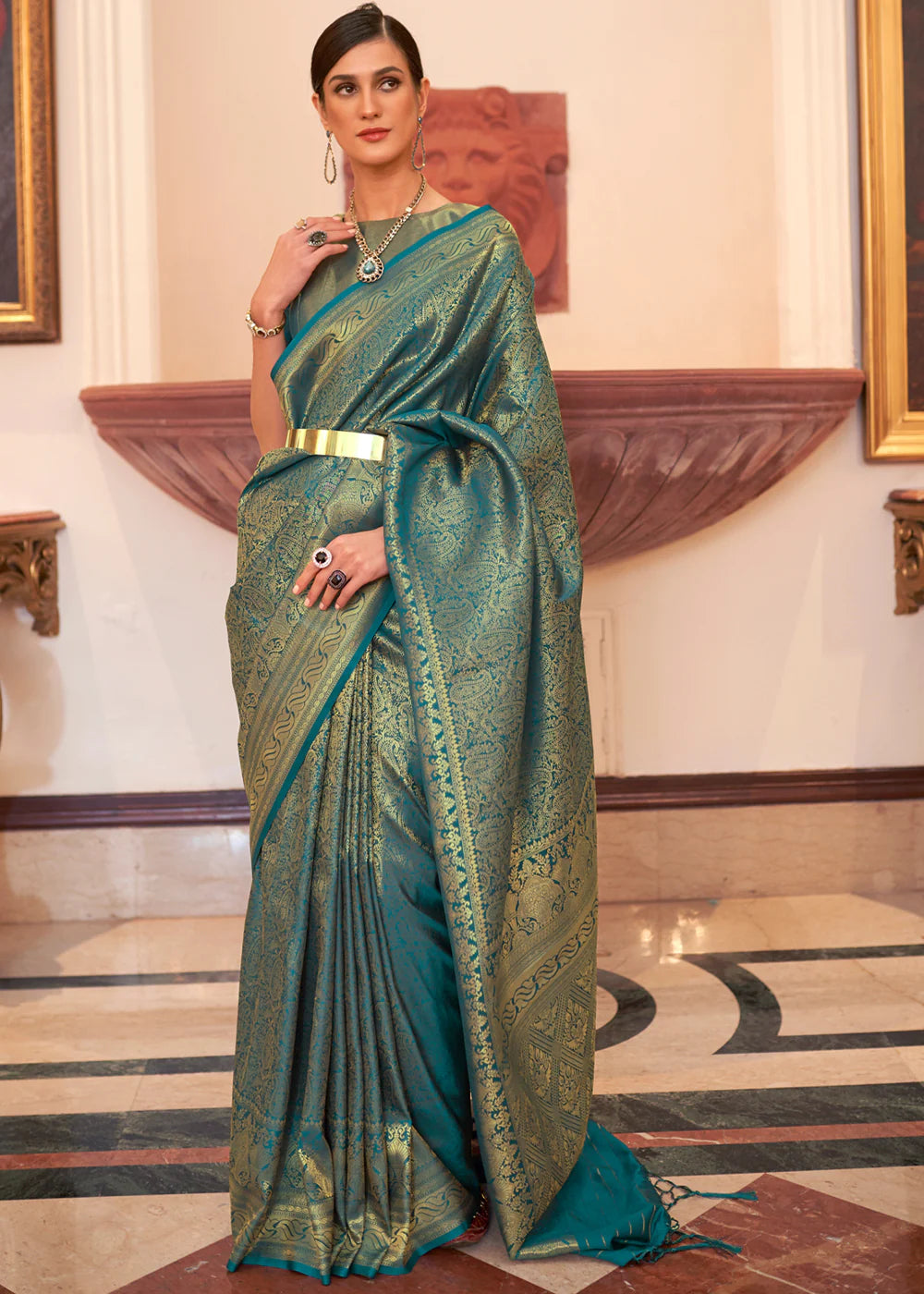 OCEAN GREEN HANDLOOM WOVEN KANJIVARAM SILK SAREE