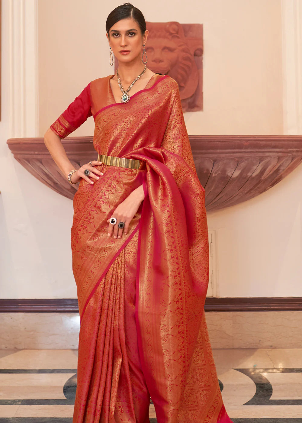 FERRARI RED HANDLOOM WOVEN KANJIVARAM SILK SAREE