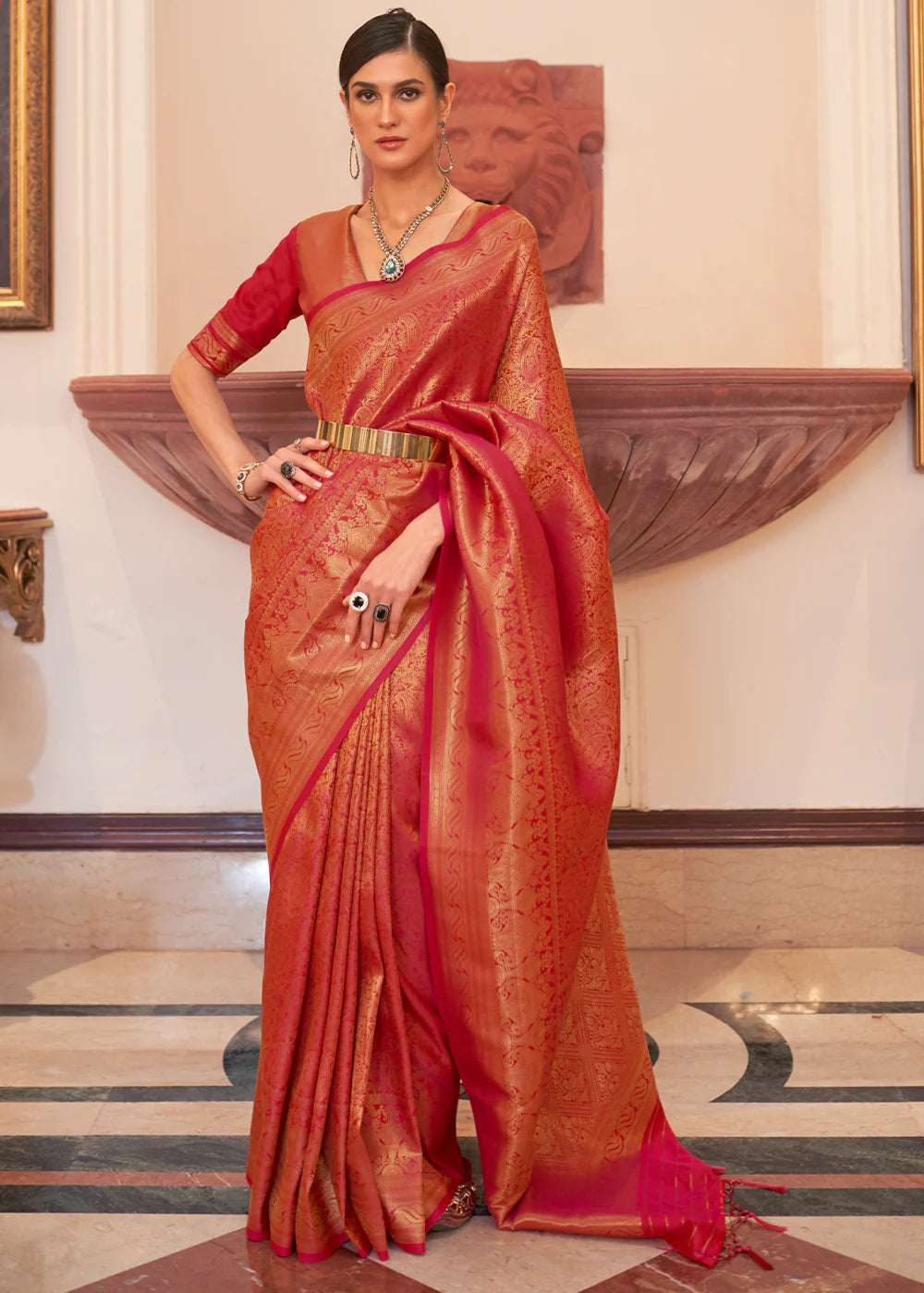 FERRARI RED HANDLOOM WOVEN KANJIVARAM SILK SAREE