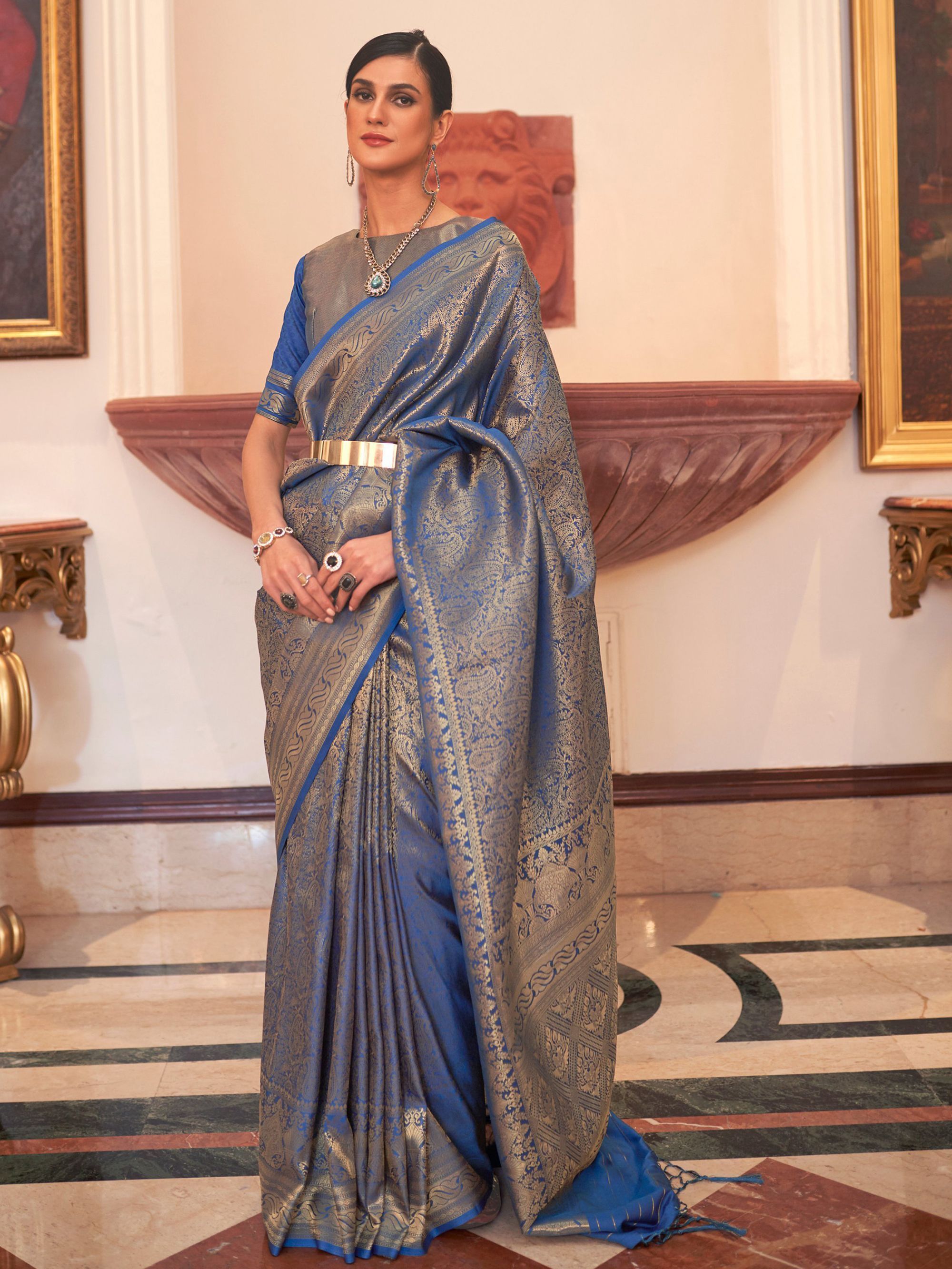 PRESIDENTIAL BLUE HANDLOOM WOVEN KANJIVARAM SILK SAREE