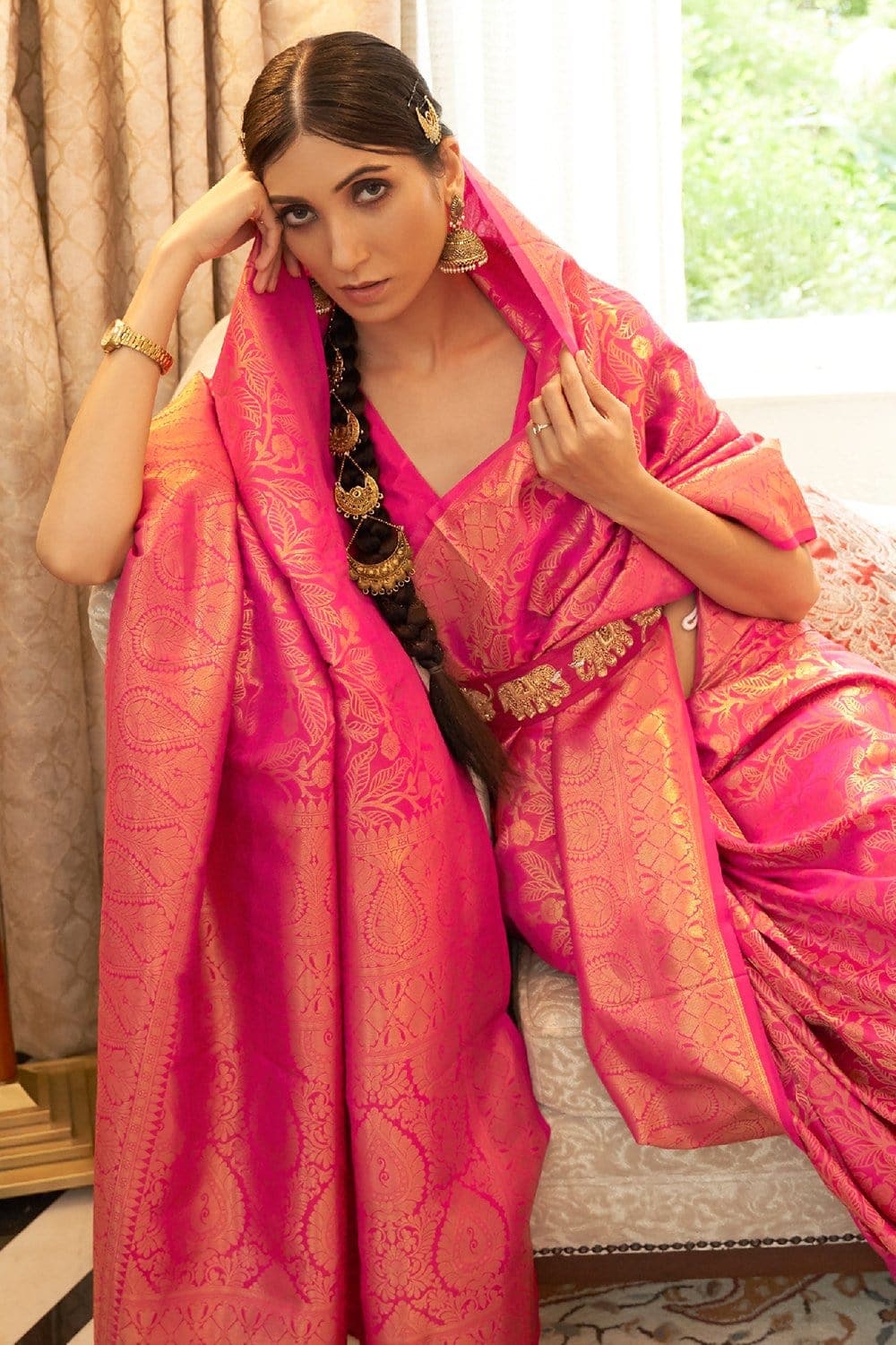 KOBI PINK ZARI WOVEN KANJIVARAM SILK SAREE