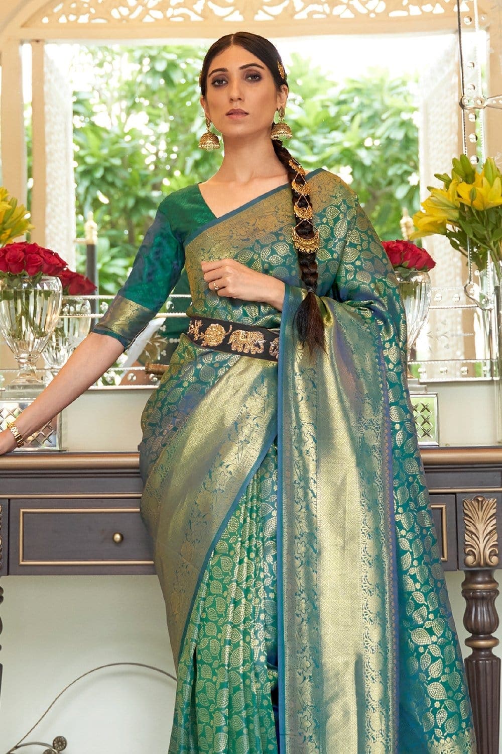 WHALE BLUE ZARI WOVEN KANJIVARAM SILK SAREE