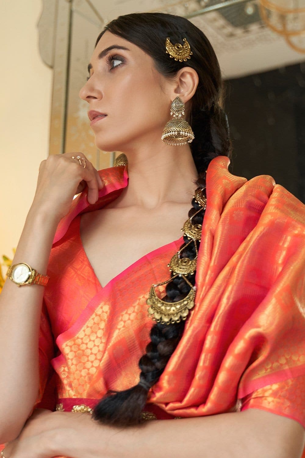 SCATLET ORANGE ZARI WOVEN KANJIVARAM SILK SAREE