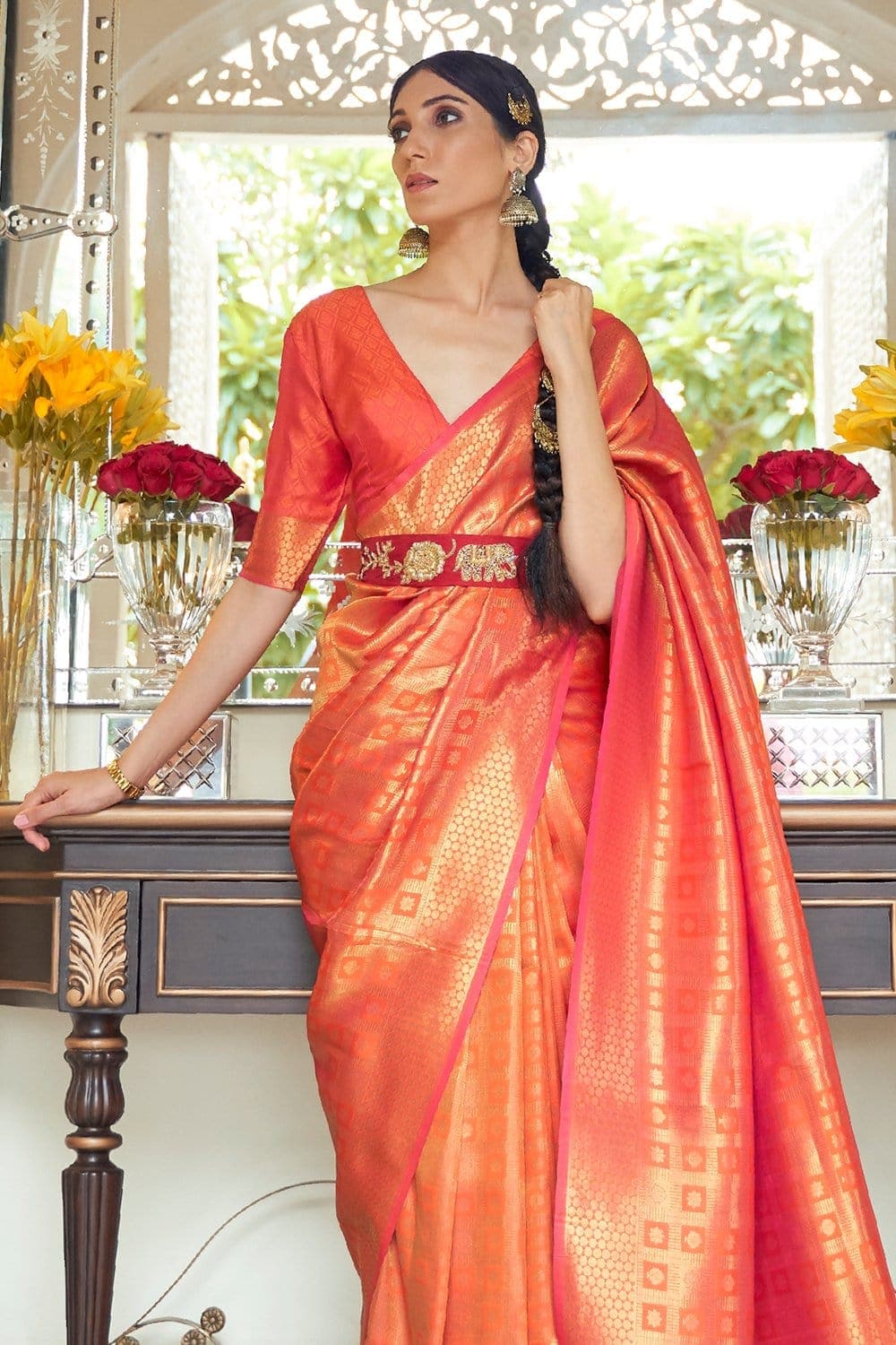 SCATLET ORANGE ZARI WOVEN KANJIVARAM SILK SAREE