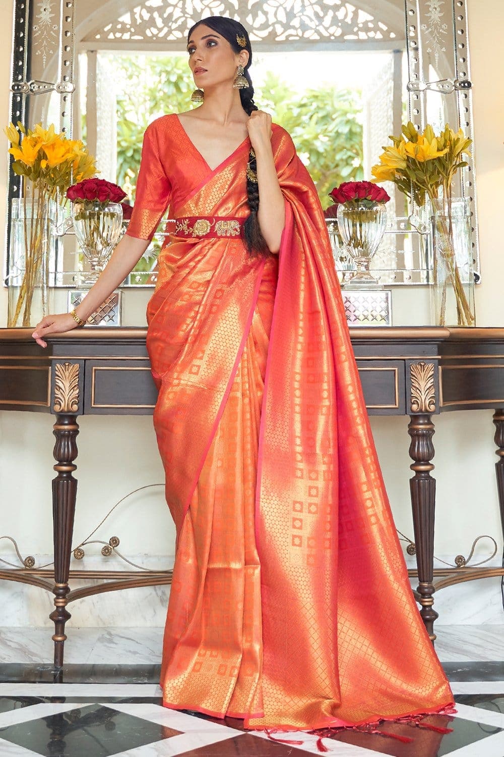 SCATLET ORANGE ZARI WOVEN KANJIVARAM SILK SAREE