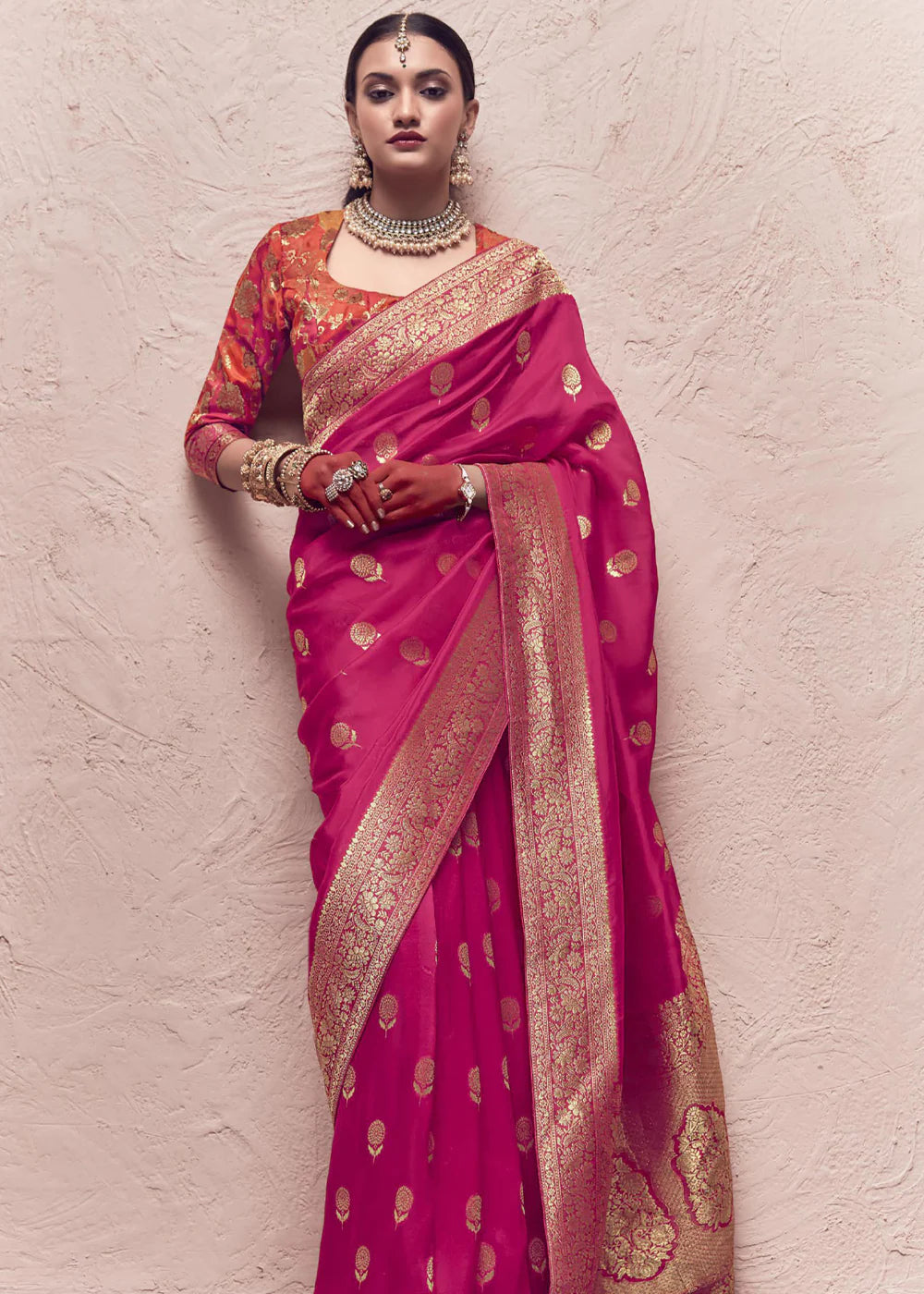 Punch Pink ZARI WOVEN DOLA SILK SAREE WITH ZARI WOVEN BLOUSE