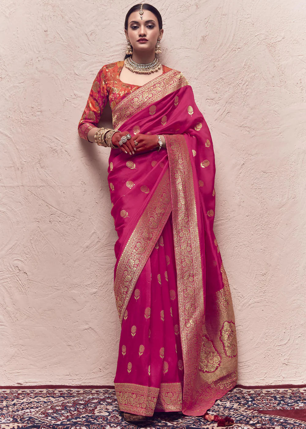 Punch Pink ZARI WOVEN DOLA SILK SAREE WITH ZARI WOVEN BLOUSE