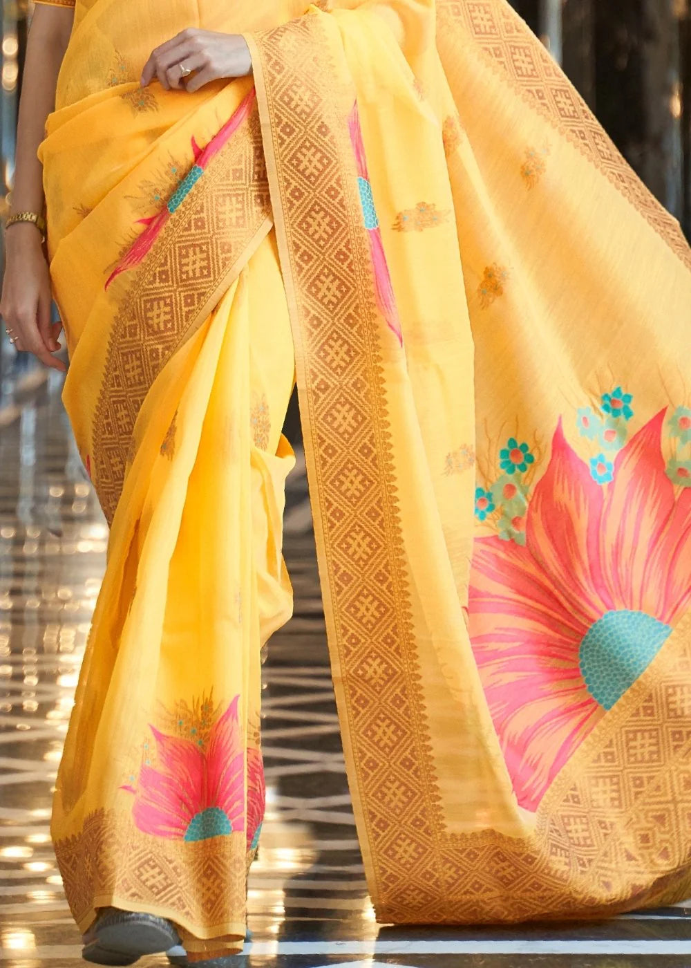 YELLOW ZARI WOVEN LINEN SILK SAREE