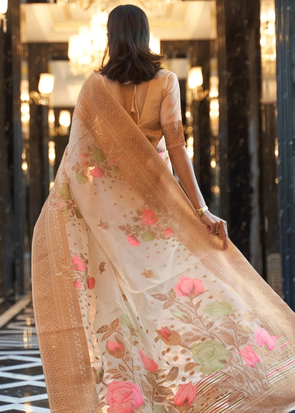 Light BROWN ZARI WOVEN LINEN SILK SAREE