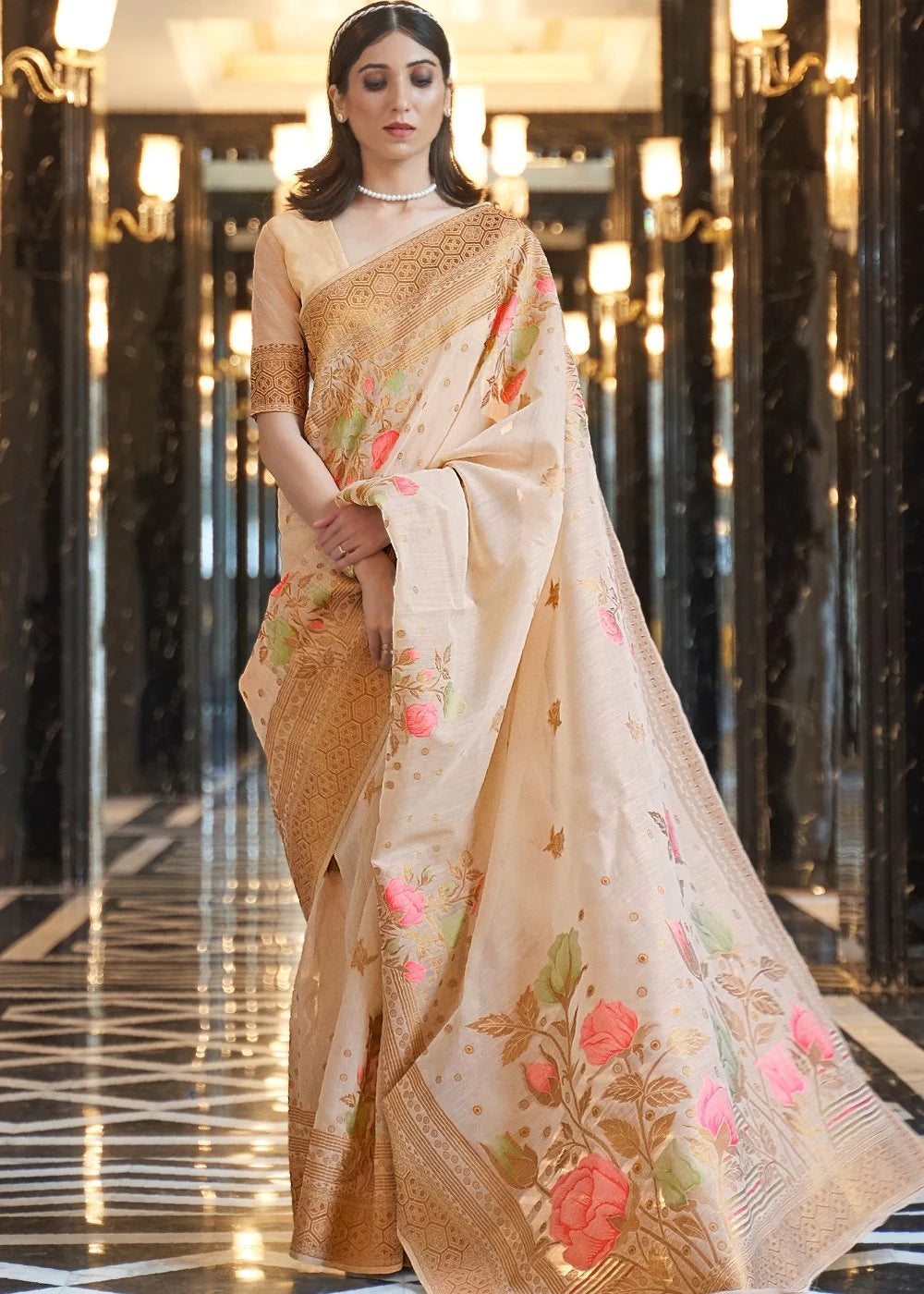 Light BROWN ZARI WOVEN LINEN SILK SAREE