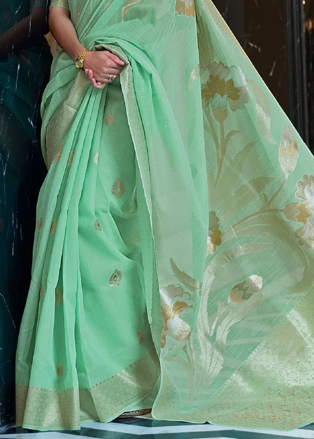 ERN GREEN ZARI WOVEN LINEN SILK SAREE