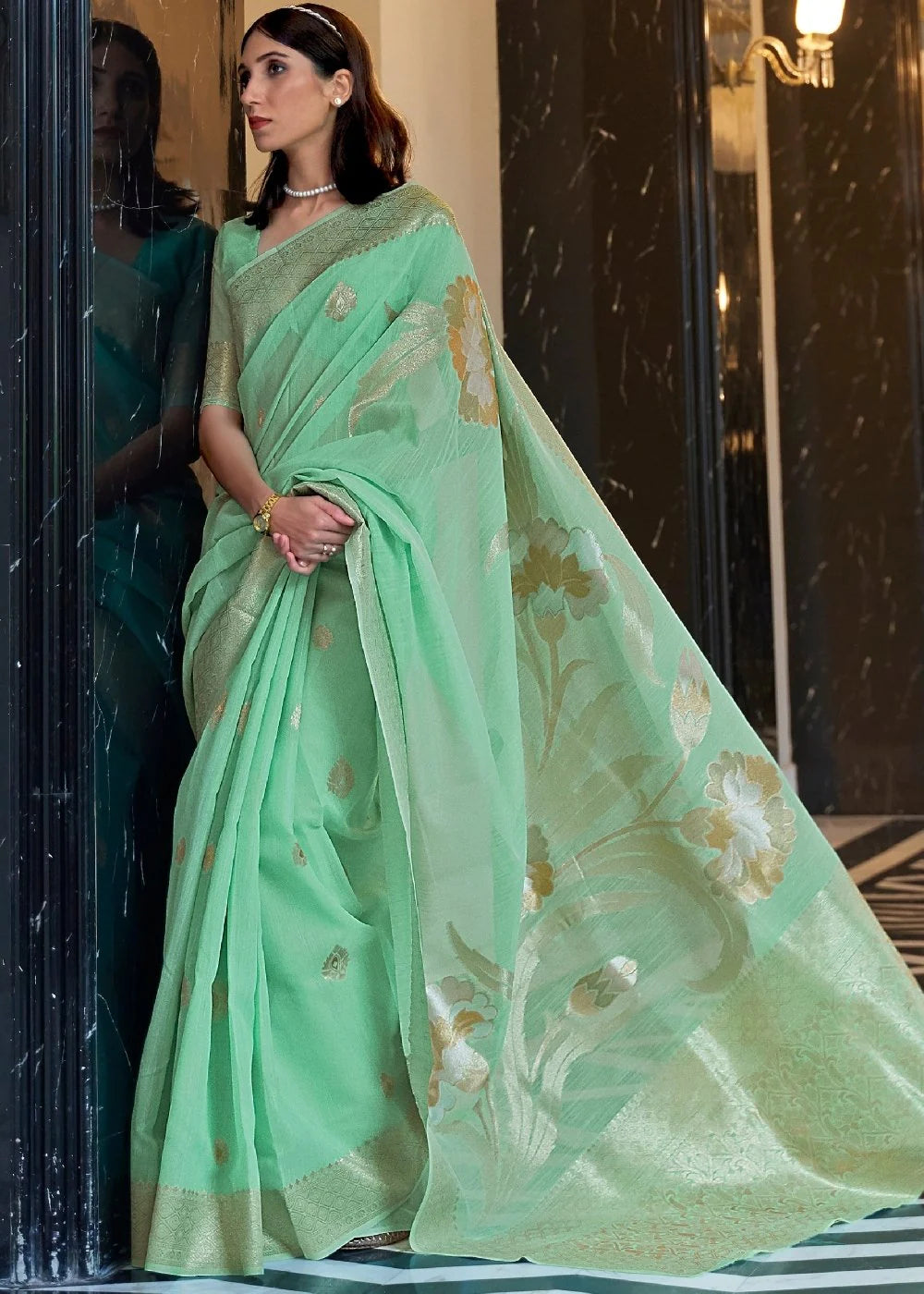 ERN GREEN ZARI WOVEN LINEN SILK SAREE