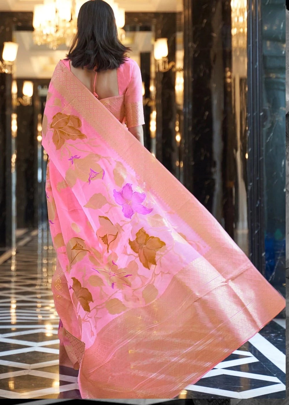 princess PINK ZARI WOVEN LINEN SILK SAREE