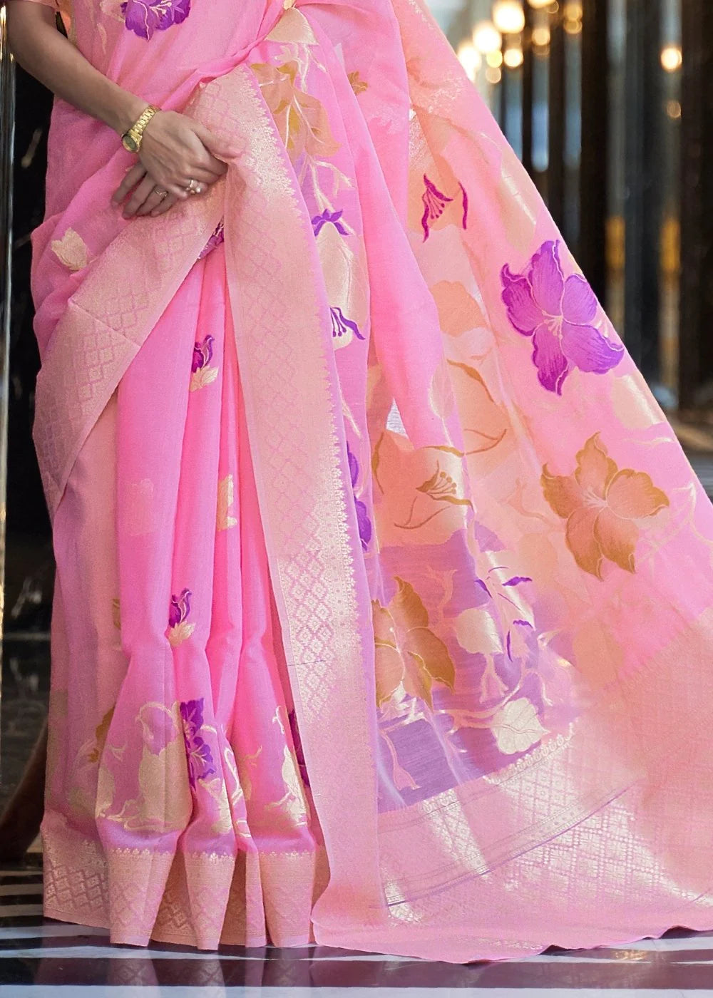 princess PINK ZARI WOVEN LINEN SILK SAREE