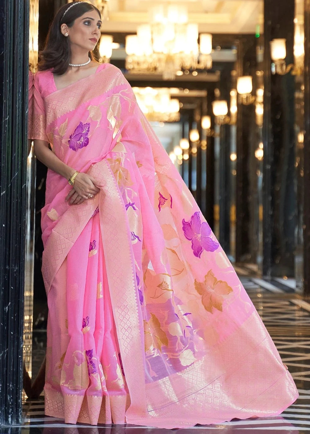 princess PINK ZARI WOVEN LINEN SILK SAREE