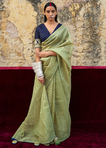 Acardian Green ZARI WEAVING ORGANZA SAREE WITH EMBROIDERED BLOUSE