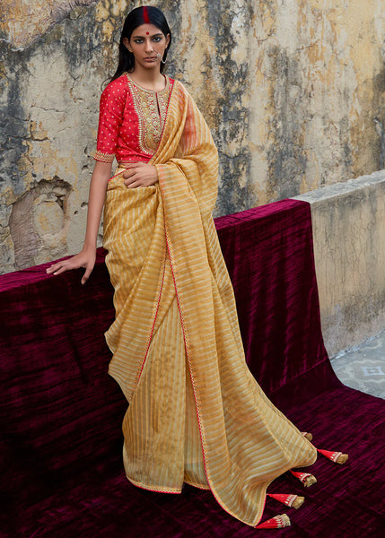 Aureolin Yellow ZARI WEAVING ORGANZA SAREE WITH EMBROIDERED BLOUSE