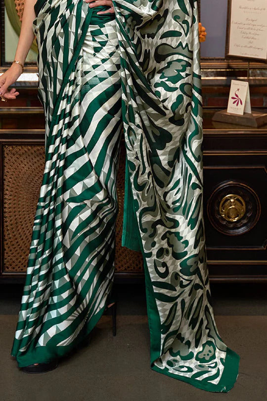 Green Satin Silk Printed Saree