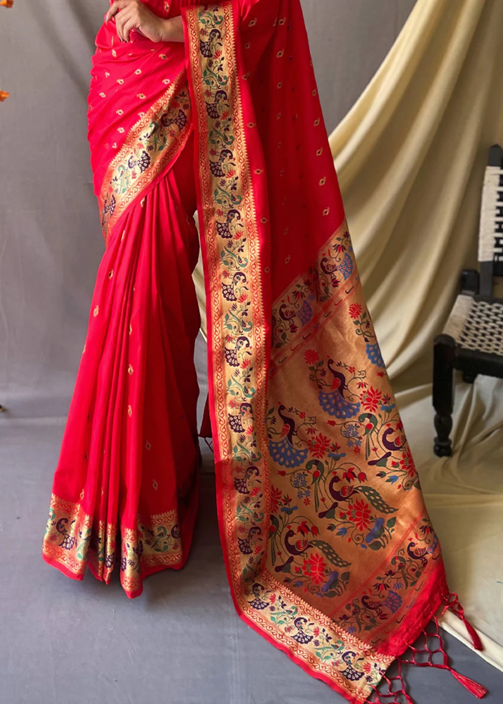 CHERRY RED  Woven Paithani Silk Saree