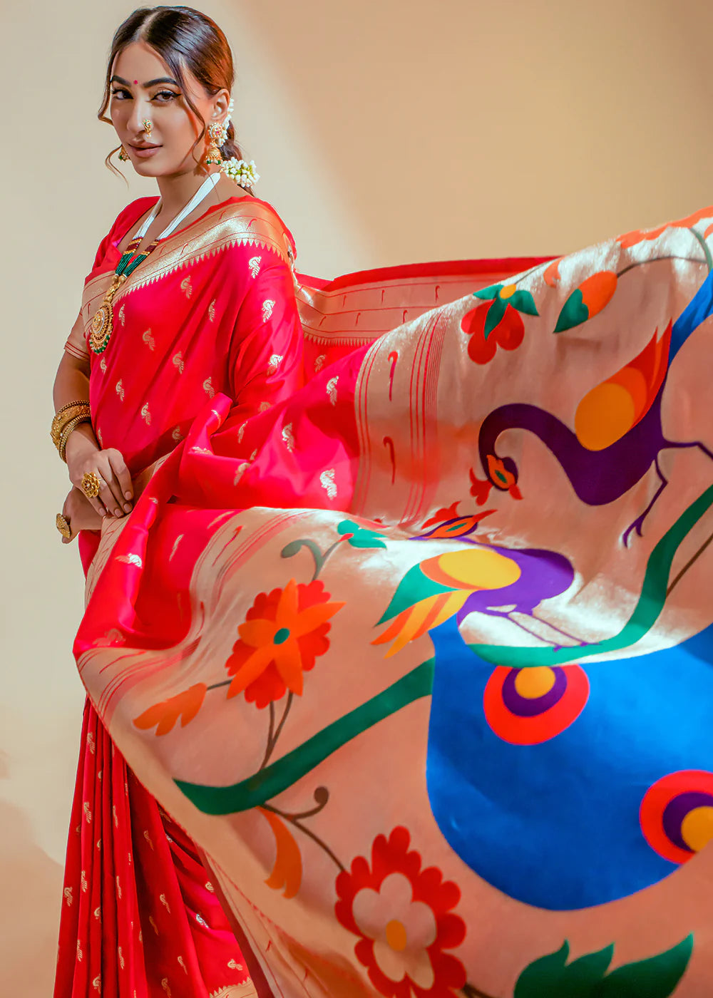 Hot Red WOWEN Paithani Silk Saree