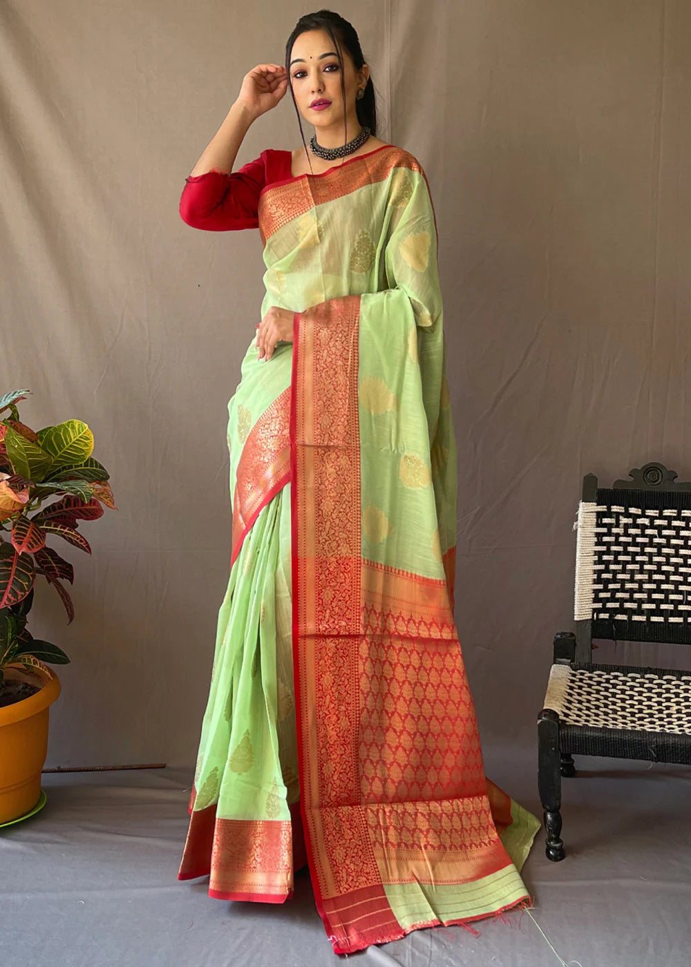 LIME GREEN Linen  Banarasi Silk Saree