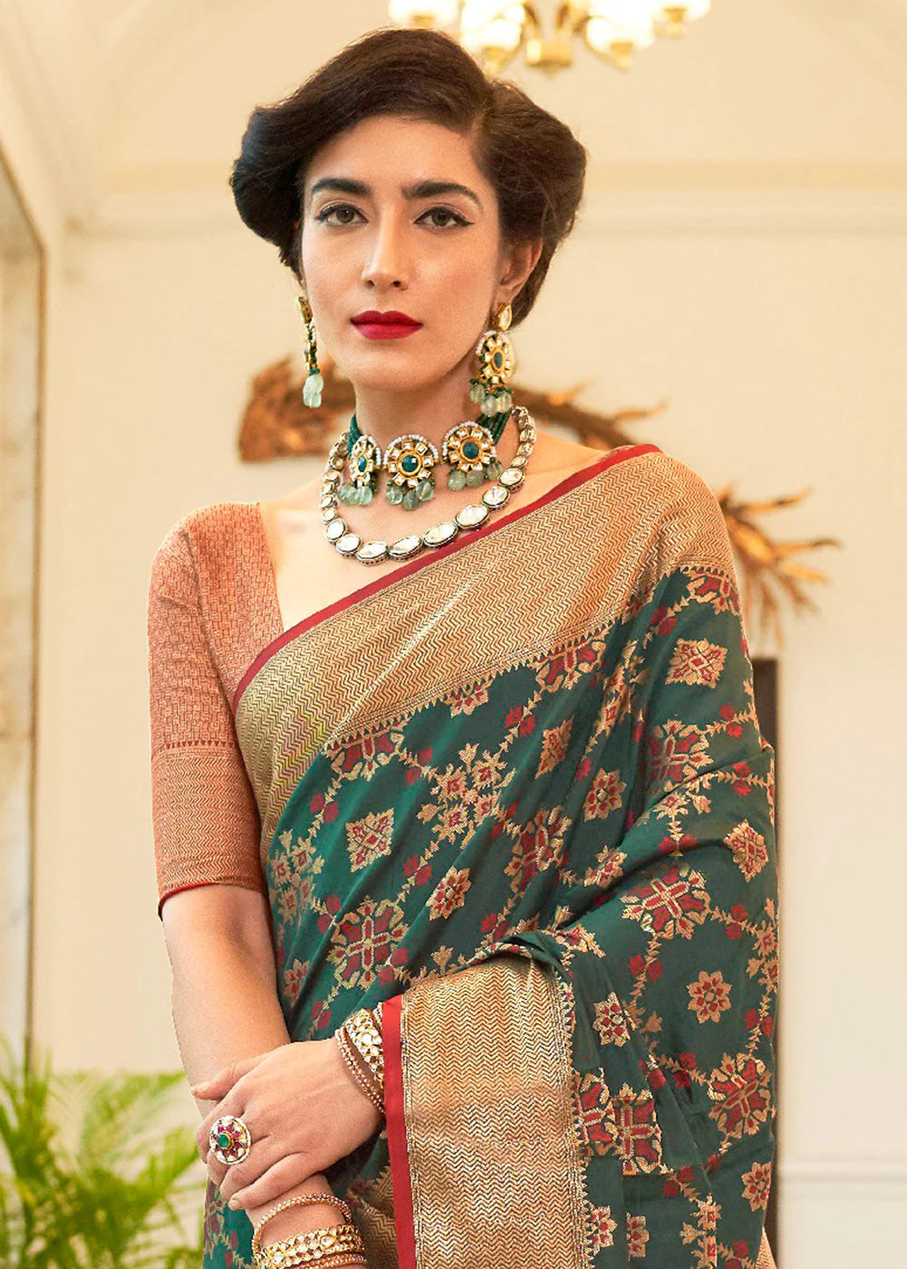 Enchantment Green Woven Patola Fusion Banarasi Saree With Brocade Blouse