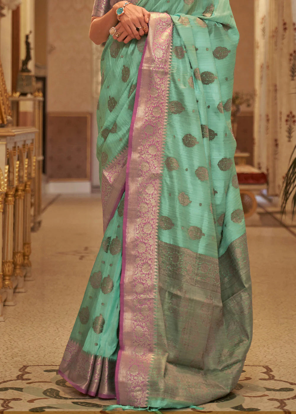 GREEN ZARI BUTTA WOVEN SILK SAREE