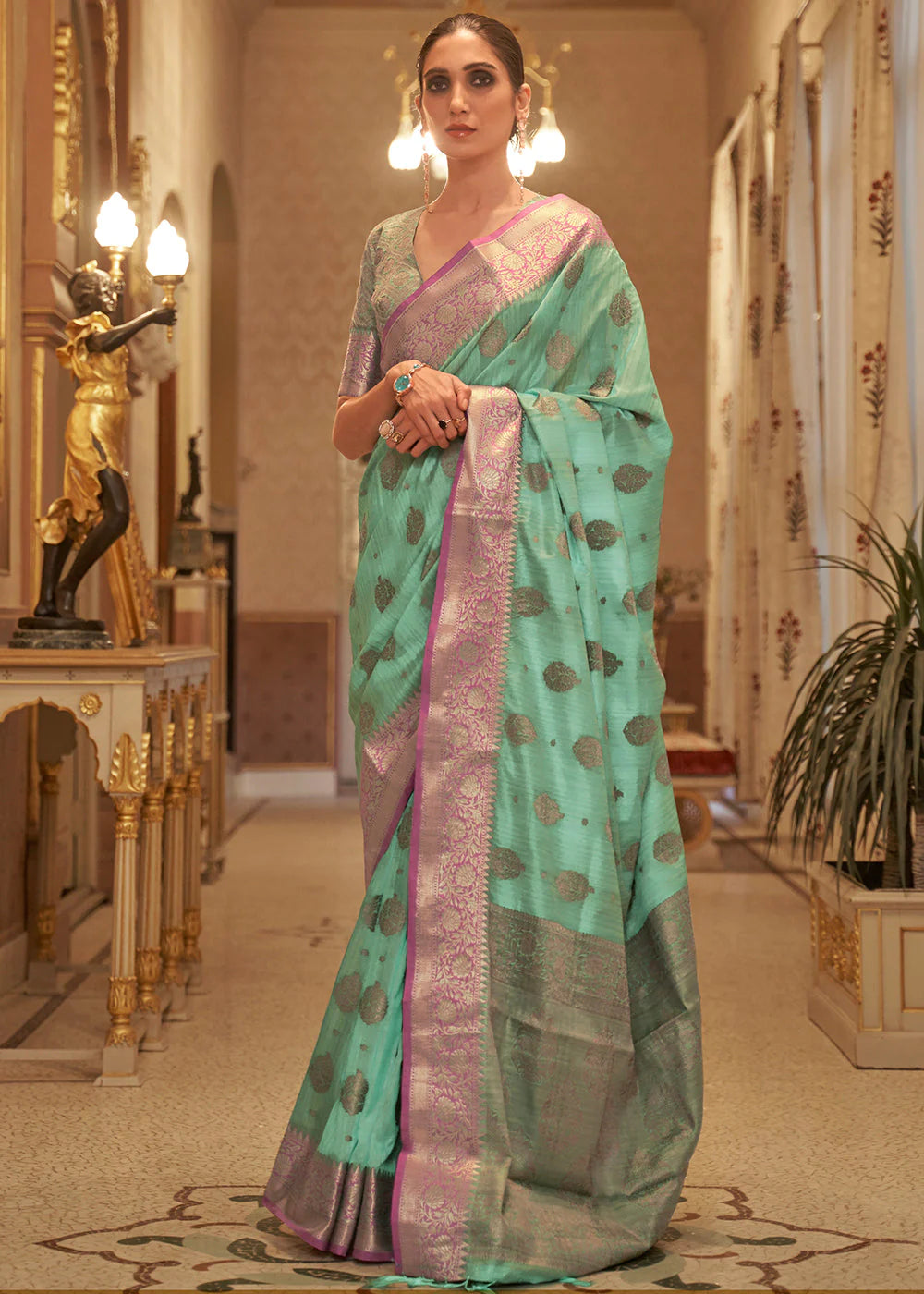 GREEN ZARI BUTTA WOVEN SILK SAREE