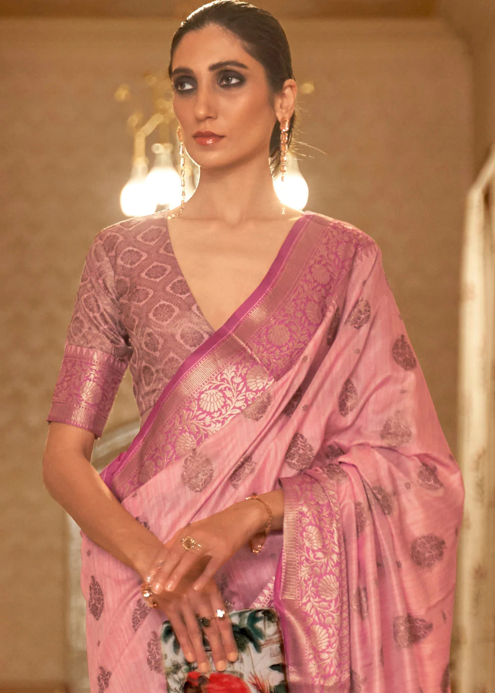 PINK ZARI BUTTA WOVEN SILK SAREE