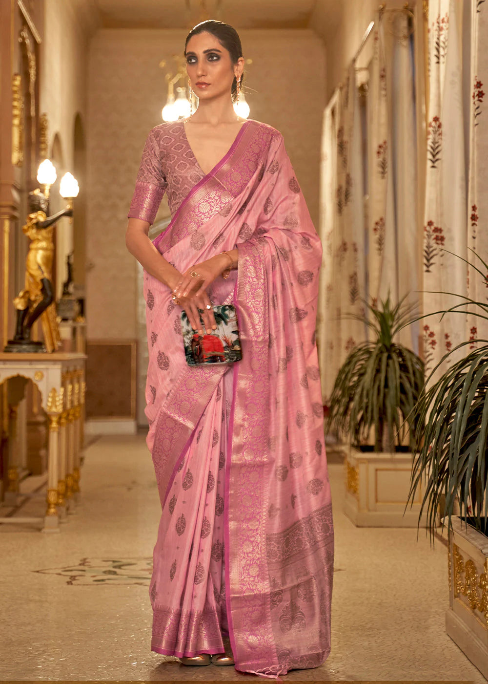 PINK ZARI BUTTA WOVEN SILK SAREE