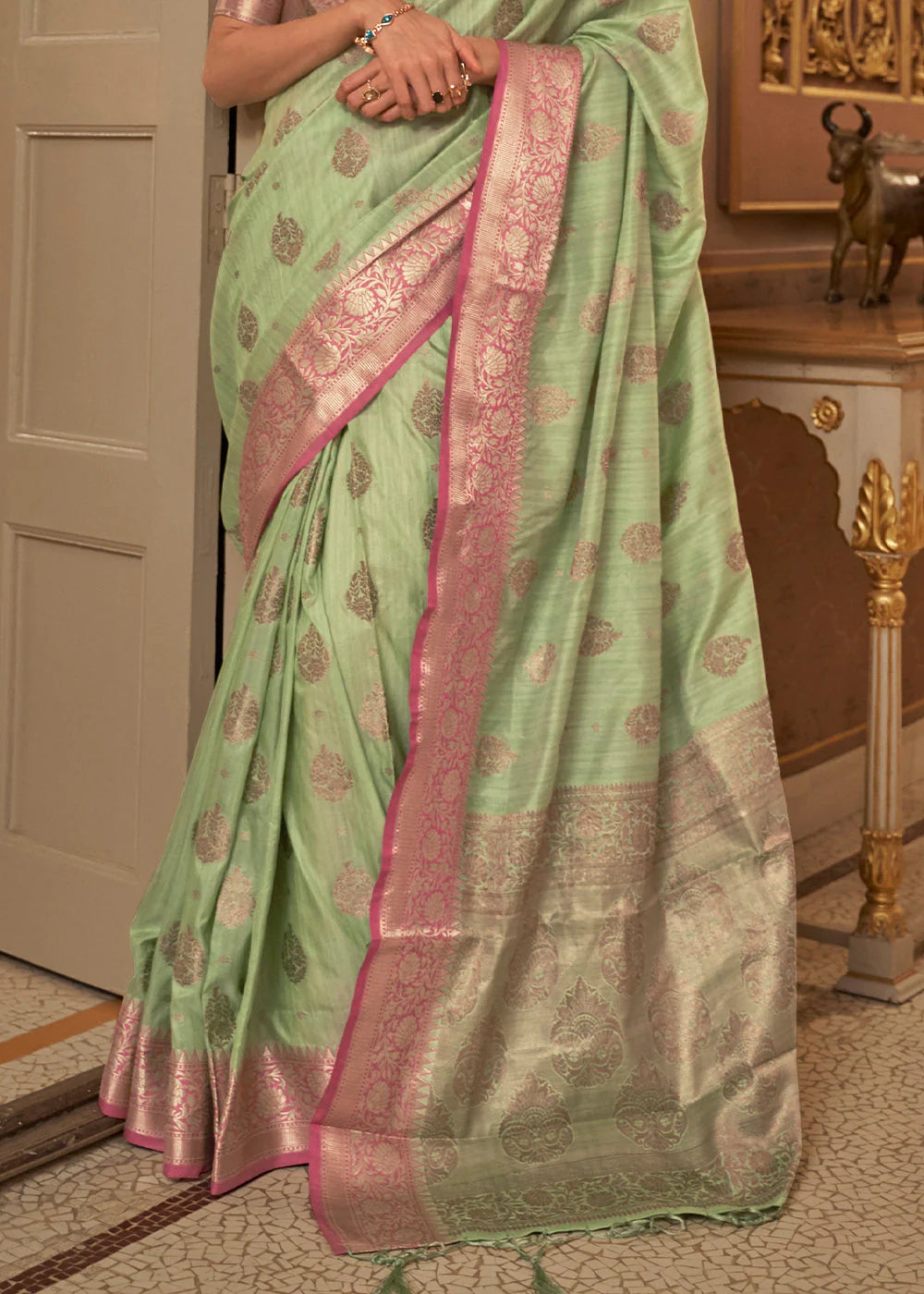 Olive GREEN ZARI BUTTA WOVEN SILK SAREE