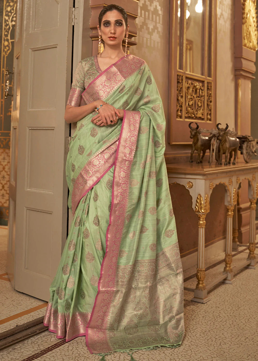 Olive GREEN ZARI BUTTA WOVEN SILK SAREE