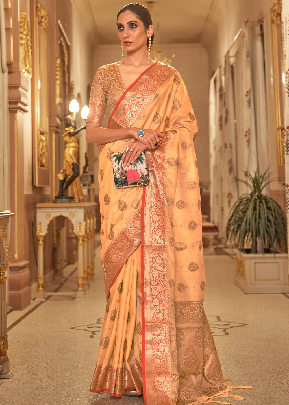 ORANGE ZARI BUTTA WOVEN SILK SAREE