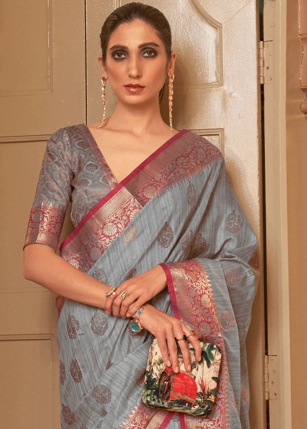 GREY ZARI BUTTA WOVEN N SILK SAREE