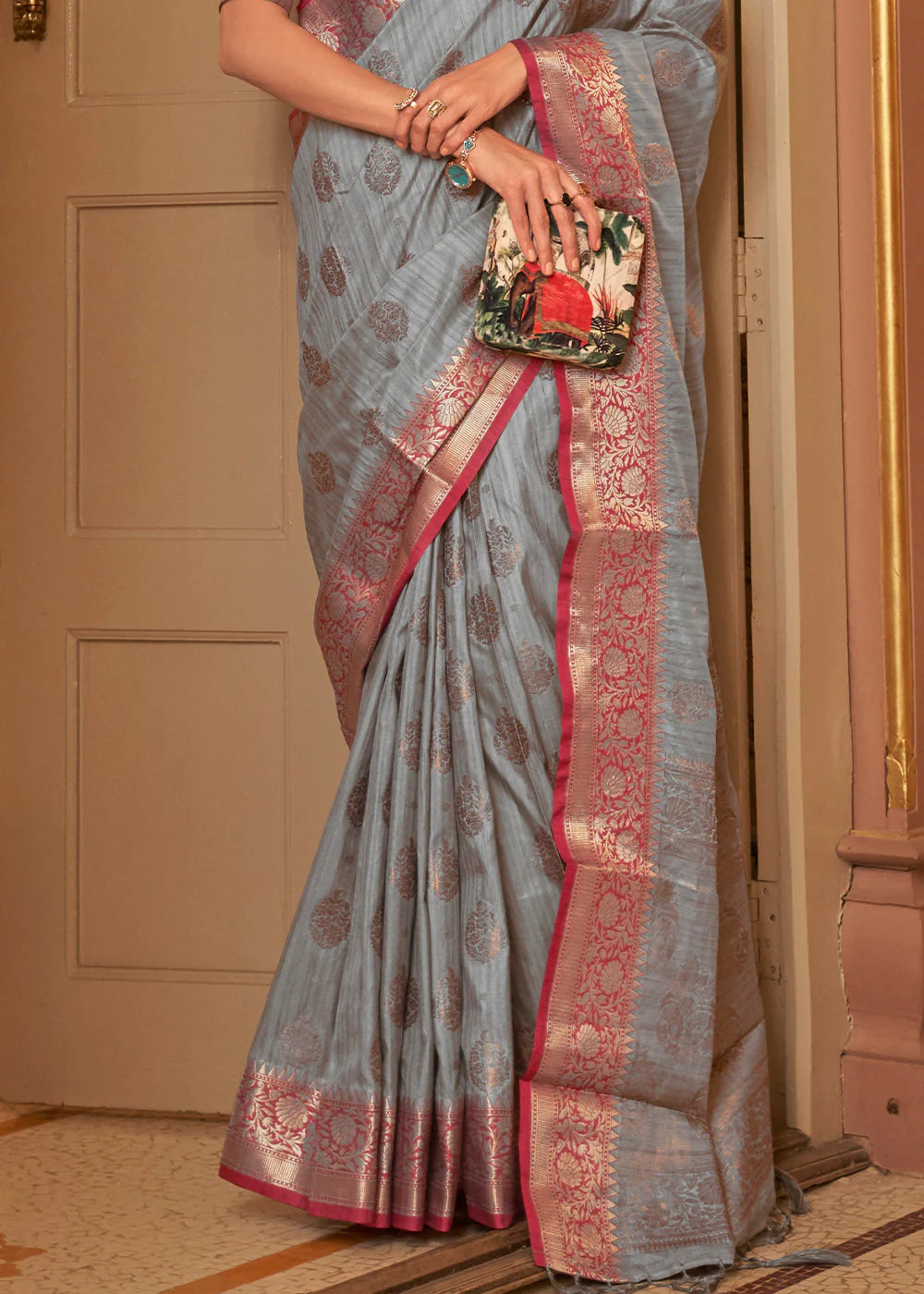 GREY ZARI BUTTA WOVEN N SILK SAREE