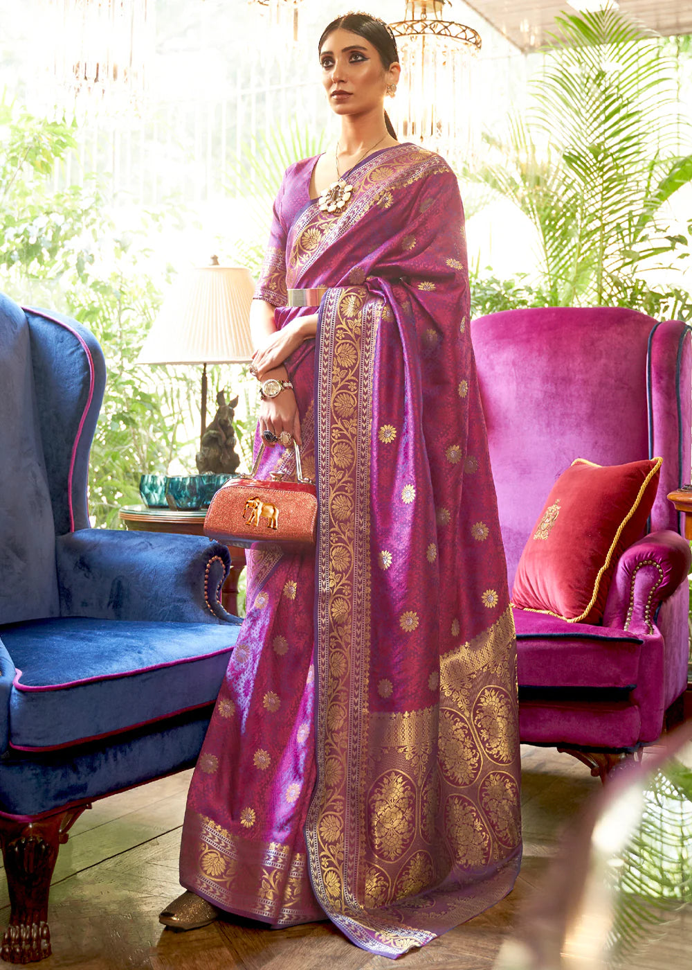 IMPERIAL MAGENTA KANJIVARAM SILK SAREE WOVEN WITH SILVER & GOLDEN ZARI