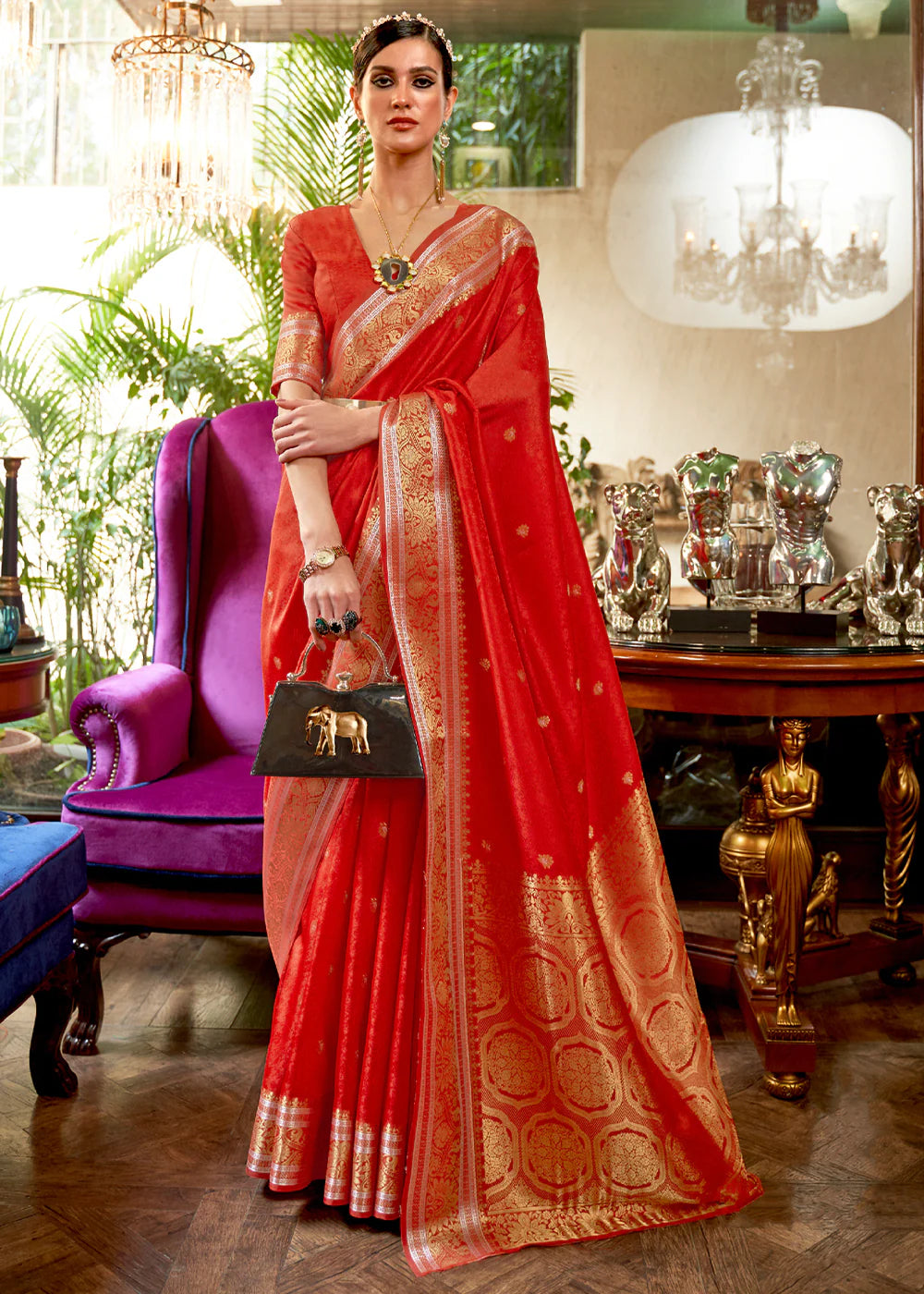 italian CHERRY RED KANJIVARAM SILK SAREE WOVEN WITH SILVER & GOLDEN ZARI